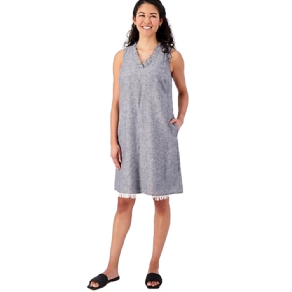 Susan Graver PURE Regular linen blend sleeveless blue fringe dress. Large EUC